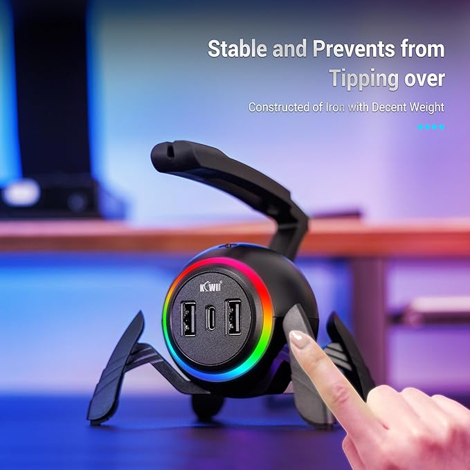 KIWIFOTOS Mouse Bungee RGB Gaming Mouse Cord Holder Controller Upgraded Flexible Cable Management Smart RGB LED Lights 2 Port USB Hub &amp 1 Type-C Spider Mouse Wire Holder