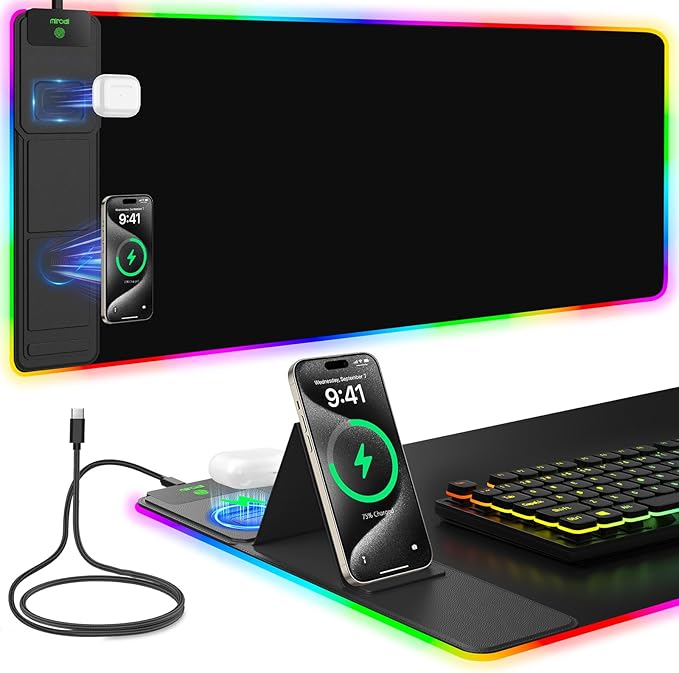 Mouse Pad with Foldable Phone Holder &amp Wireless Charger XXL RGB Gaming Mousepad 31.5x15.8 Large Desk Mat for Keyboard Black Desk Pad with Dual Qi Charging Station | 11 Colors 5 Modes | Waterpr