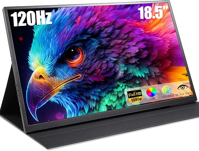 Large 18.5 Inch Portable Monitor 120Hz IPS FHD 1080P USB-C HDMI Display with Kikstand and Sleeve Case &amp VESA Mount 125% sRGB Ultra-Slim Second Screen for Laptop/PC/PS5/Switch – Built-in Speaker