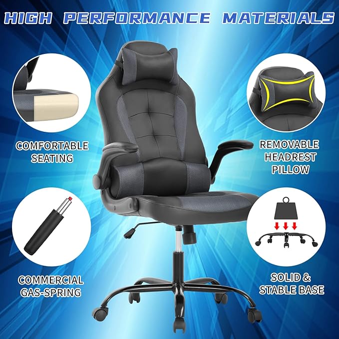 BLKMTY PC Gaming Ergonomic Computer Chair - Adjustable Office Swivel Video Game Racing Chair with Lumbar Support and Headrest - High Back Executive for Adults Grey