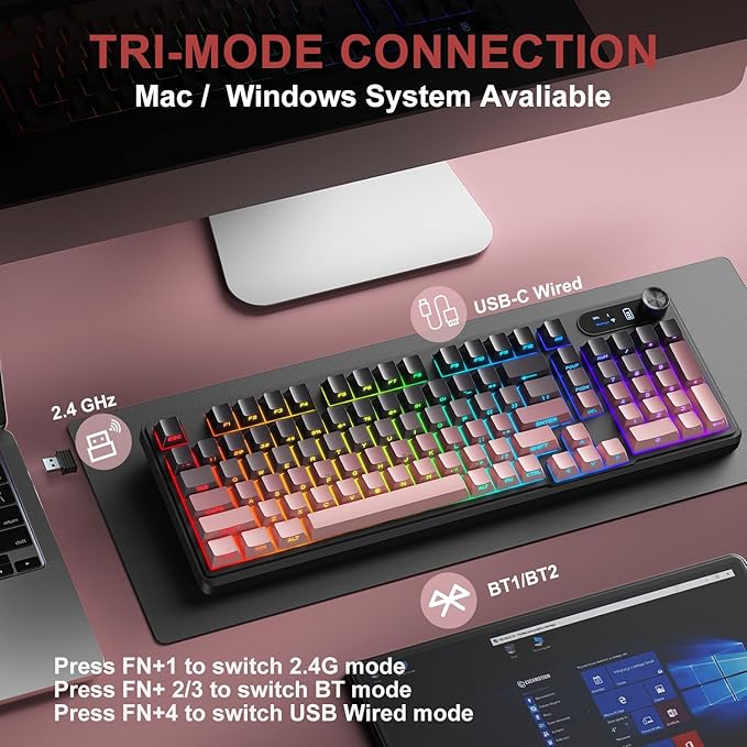 BlueFinger Wireless Gaming Keyboard RGB Backlit Tri-Mode Bluetooth/2.4G/USB-C 98 Keys Quiet Keyboard with Number Pad Volume Knob &amp Screen Side Printed PBT Keycaps for PC/Mac/Laptop