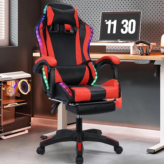 Gaming Chair Video Game Chair with LED Light Ergonomic Massage Computer Chairs Height Adjustable with 360° Swivel Seat and Headrest(US Fast Arrival) Black &amp Red