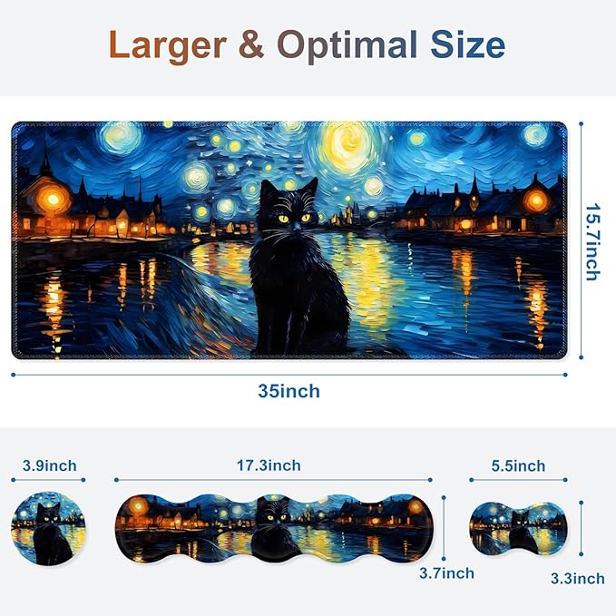 Desk Mat Gaming Mouse Pad Cute Desk Matt Keyboard Wrist Rest for Desktop Anti-Slip Mousepad Stitched Edges XXL Large Mouse Pad with Wrist Support for Home Office I Van Gogh Starry Night Cat