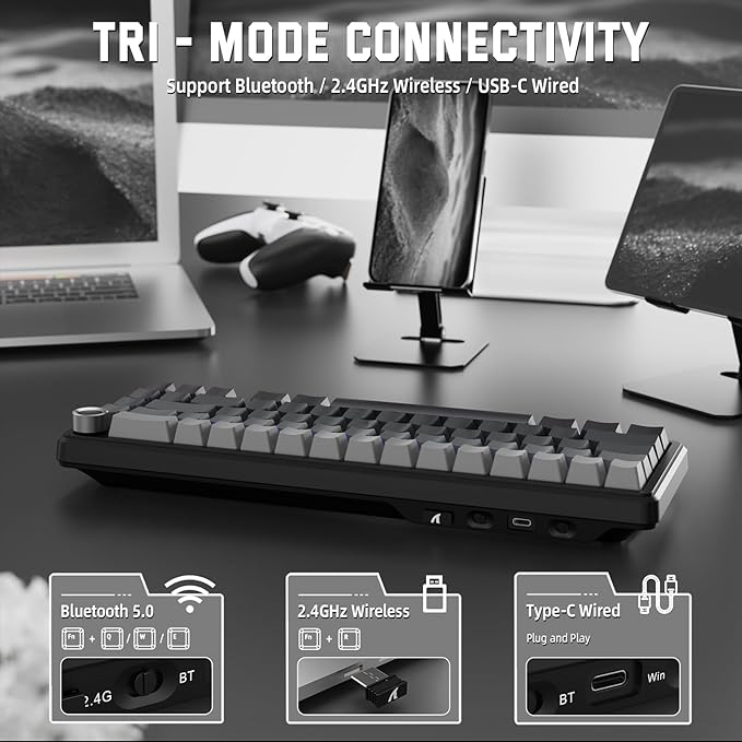 MAMBASNAKE Attack Shark X66 Gasket Wireless Mechanical Keyboard with Volume Knob60% Bluetooth/2.4GHz/Wired Gaming KeyboardRGB BacklitSide Printed PBT Keycaps66 Keys Hot Swappable for PC/MACBlack