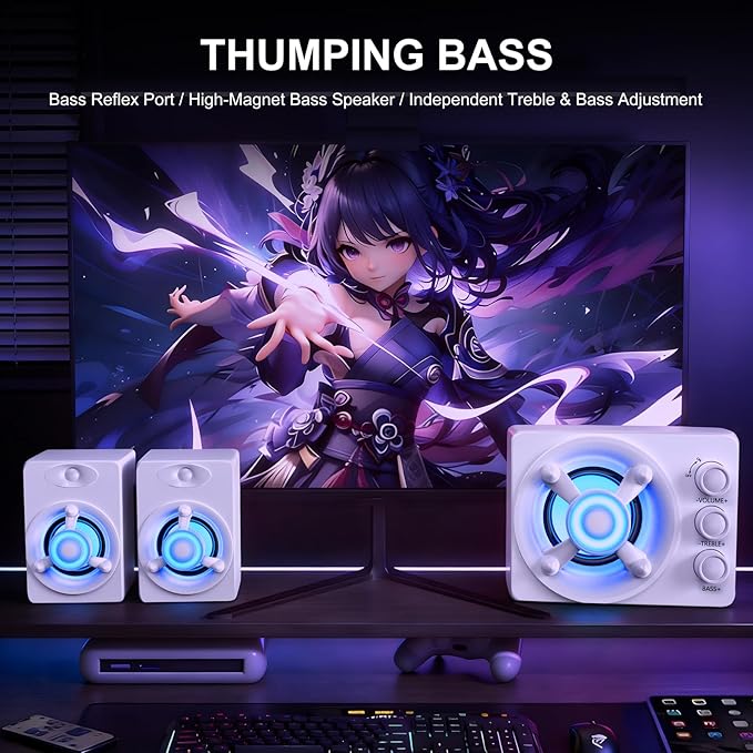 D-208 Computer Speakers with Subwoofer 2.1 Hi-Fi PC Speakers System with RGB Lighting  Enhanced Bass Plug and Play USB/USB-C Powered and 3.5mm Aux in for Desktop Monitor Laptop Tablet (White)