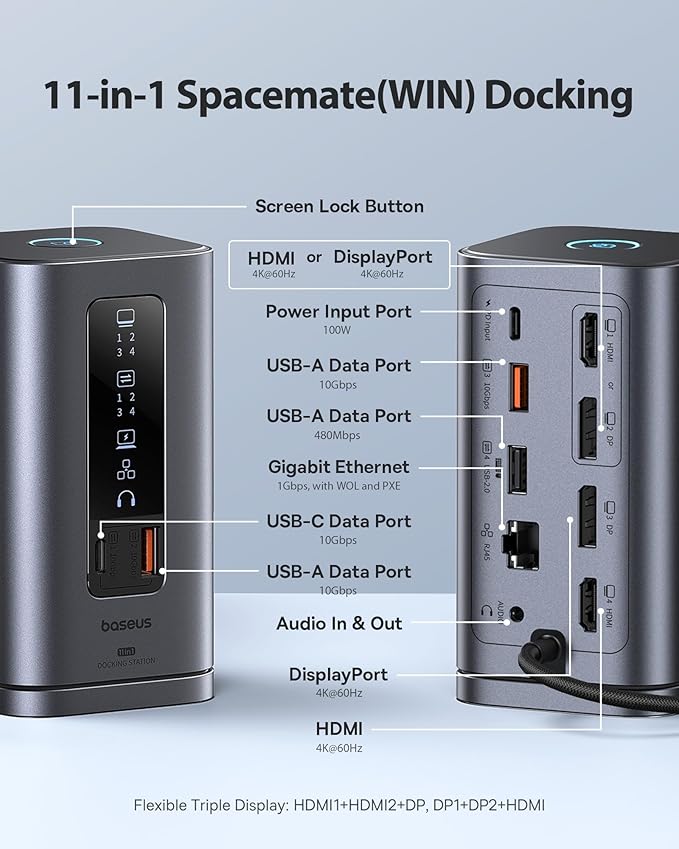 Baseus Docking Station Spacemate(Win) 11 in 1 Triple Display 4K HDMI and DP 10Gbps USB A/C Ports Gigabit Ethernet 100W PD Audio Laptop Docking Station for Windows/Dell/HP/Lenovo/Asus/Acer/Mac