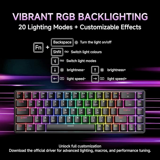 DIERYA DK68 Wireless Mechanical Keyboard 60% Gaming Keyboard with Blue Switch Triple Mode 2.4GHz/USB-C/BT5.0 RGB Backlit Anti-Ghosting Keys 68 Keys Portable Mini Wired Office Keyboard-Black