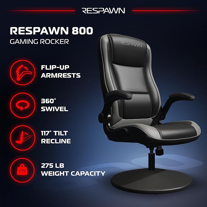 RESPAWN 800 Swivel Rocker Gaming Chair - Ergonomic Floor Gaming Seat with Lumbar Support Flip Up Armrest High Back Pedestal Base Comfortable No Wheels Console Video Game Rocker Chair - Gray