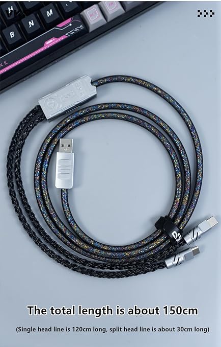 2-IN-1 USB C Dual 8K Mechanical Keyboard Magnetic Axis Cable  6mm Thick Braided RGB Flash Cable No Interruption Metal Plug for Mechanical Keyboards/Mice/Hubs USB-C to USB-A1.5Meter (Black)