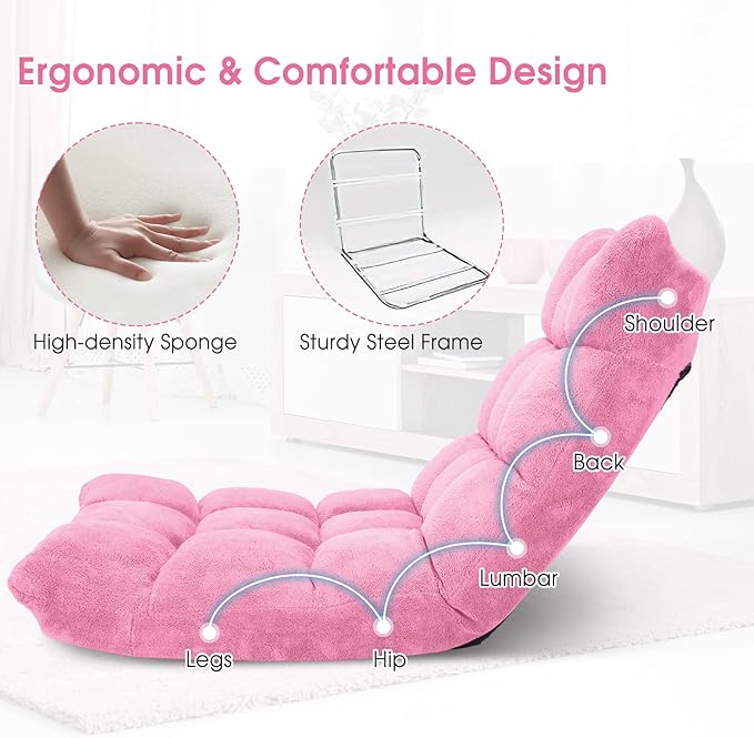 Byroce Folding Floor Gaming Chair 14-Position Adjustable Lazy Padded Sleeper Sofa Bed with Back Support Couch Recliner Floor Chair for Meditation Reading in Bedroom Living Room (Pink)
