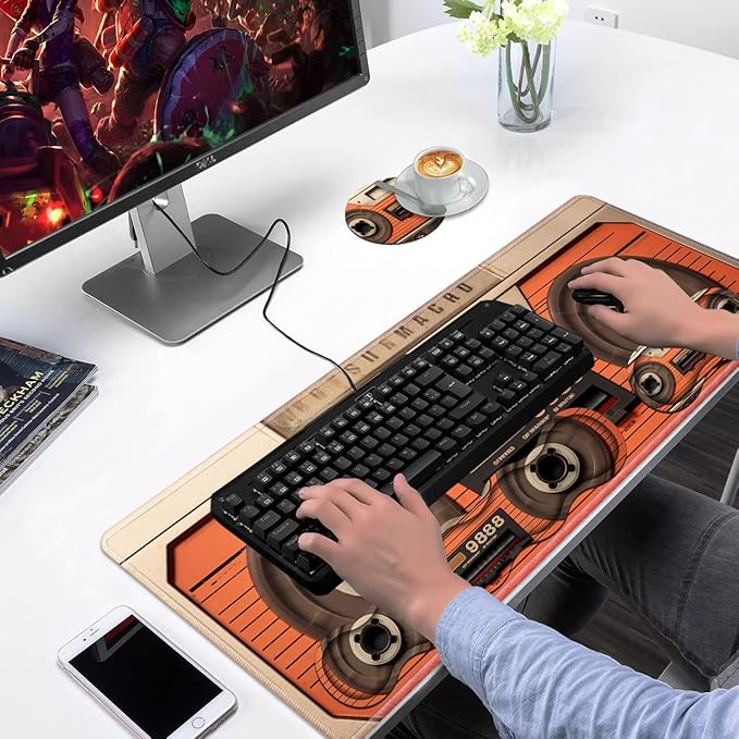 Ergonomic Keyboard Wrist Rest &amp Mouse Pad Wrist Rest Set Large XXL Gaming Desk Mat 31.5x 11.8 with Non-Slip Base Memory Foam Easy Typing Pain Relief for Home &amp Office Retro Tape Recorder