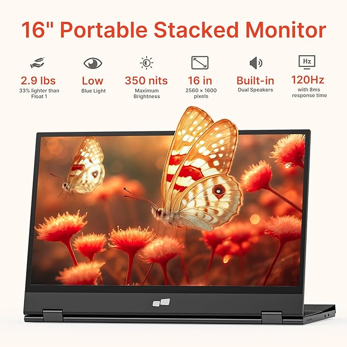 Portable Monitor - Mobile Pixels Duex Float 2 Pro 16-inch 2.5K Laptop Monitors New Stacked Monitor for 15-16-inch Laptops. Built-in Dual Speakers USB C/HDMI Window/Mac/PC/Android Compatible