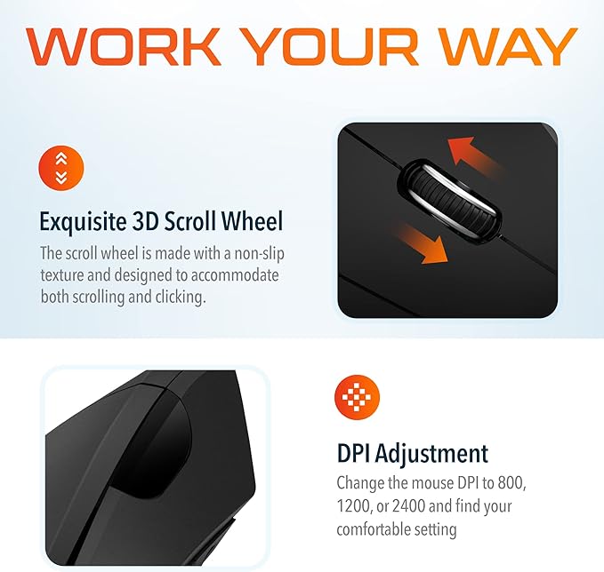 Delton Ergonomic Vertical Wireless Mouse 2.4GHz USB Dongle 6 Buttons 3 Adjustable DPI Levels (800/1200/2400) AA Battery Operated Compatible with PC Laptop Mac Chromebook and More - Black