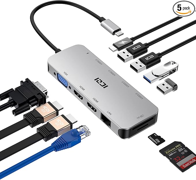 ICZI Docking Station USB C Hub Multiport Adapter 11 in 1 with 2 HDMI Triple Display VGA 100W PD 4 USB Ports Ethernet SD/TF for MacBook Air/Pro Laptop PC Desktop Surface.