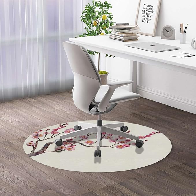Pink PU Leather Office Chair Mat Hardwood Floor Computer Desk Mat Exotic Cherry Blossom Tree Season Florets Anti-Slip Gaming Chair Mat Round Floor Mat Durable Floor Protector Floral Diameter 39.4 in