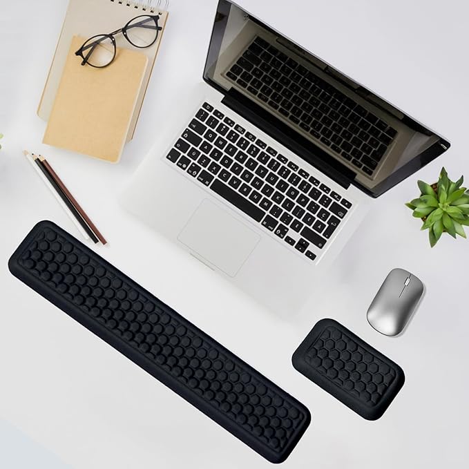 Keyboard Mouse Wrist Rest Pad Comfort Memory Foam Wrist Rest with Non-Slip Silicone Base Leather Surface Ergonomic Keyboard Mouse Wrist Support for Typing Pain Relief (Matte Black)