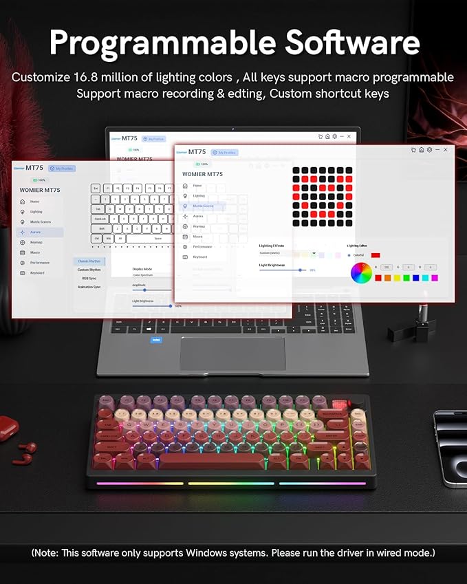 MT75 Lipstick Wireless Mechanical Keyboard 75% Layout Hot Swap Gasket Custom Structure Creamy Pre-lubed Switches Gaming Keyboard with MOA Jelly Keycaps RGB Backlit BT5.0/2.4G/USB-C Mode