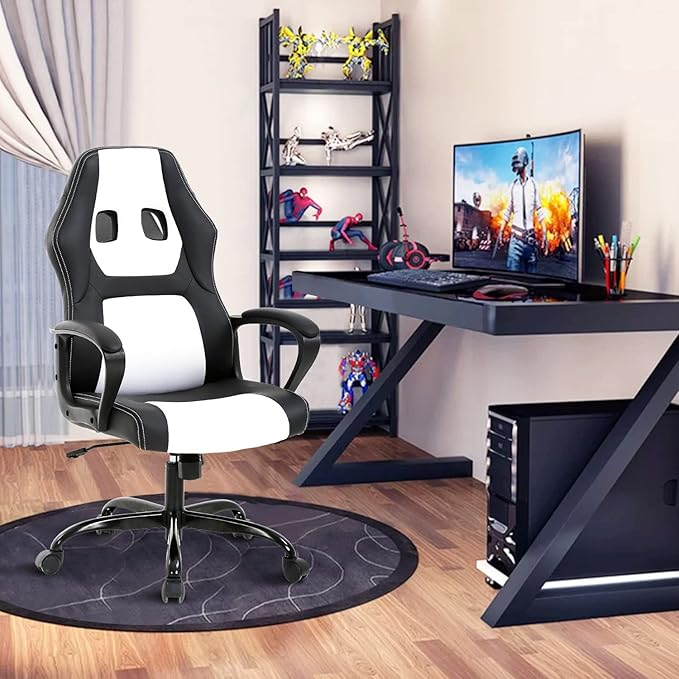 Silla Gamer Ergonomic Office Chair - Leather Racing Chair with Massage Rolling Comfy for Adults and Kids - White