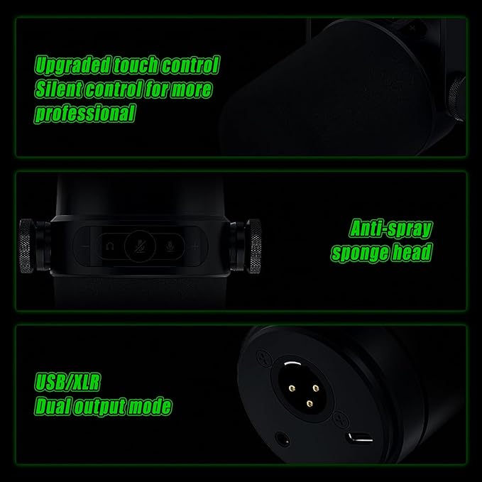 USB/XLR Dynamic Microphone for Podcasting Gaming Live Streaming &amp Recording with Touch Mute Button &amp Headphones Jack