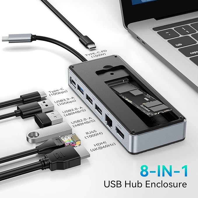 Yottamaster USB C Hub with 4TB M.2 NVMe SSD Enclosure 8 Ports USB C HUB Adapter 10Gbps USB 3.2 Gen2 4K@60Hz HDMI 100W PD Ethernet for Windows Mac [Diskless] - YM28PR