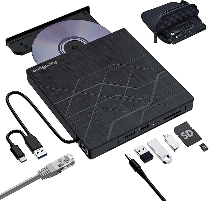 Super External CD DVD Drive USB 3.0 DVD Burner with Ethernet Adapter 3 USB and 2 TF/SD Card Ports CD DVD Player Reader Writer Optical Disk Drive for Laptop PC Mac Windows Linux with Carrying Case