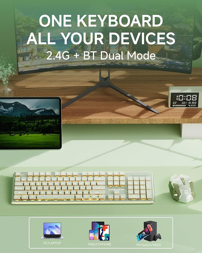 V3 Wireless Keyboard and Mouse with Single Backlit Metal Panel Bluetooth/2.4G Rechargeable Silent Keyboard and Mouse Combo Light up Full Size Cute Keyboards-Green
