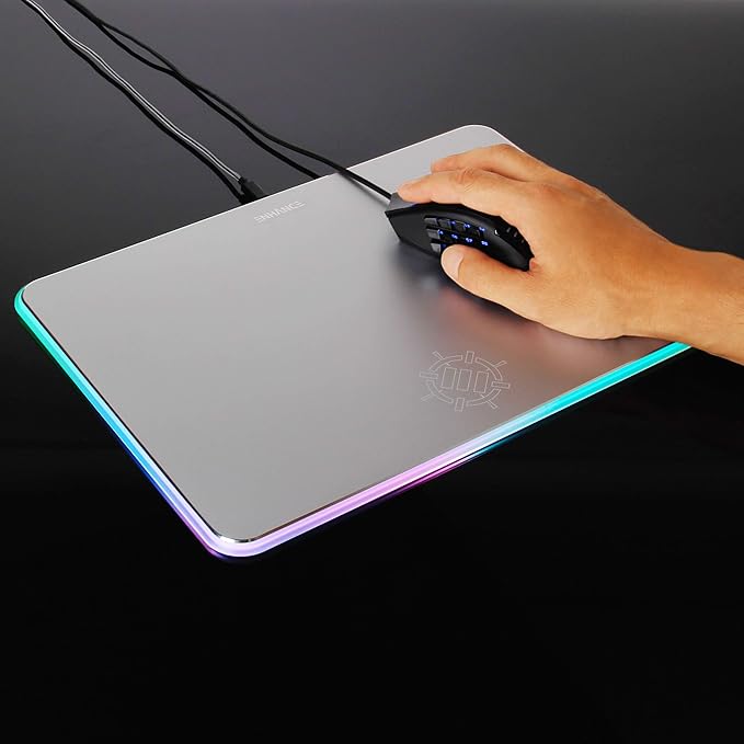 ENHANCE Metal LED Gaming Mouse Pad - Metal Mouse Pad with Large Aluminum Alloy Surface Multi-Color Transparent Edges Non-Slip Rubber Grip &amp Sleek Precision Tracking for Esports - Silver