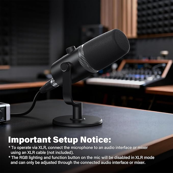 USB/XLR Dynamic Microphone Podcast &amp Gaming Microphone for PC Vocal Mic with RGB Lighting Tap-to-Mute Gain Control &amp Headphone Monitoring for YouTube Streaming