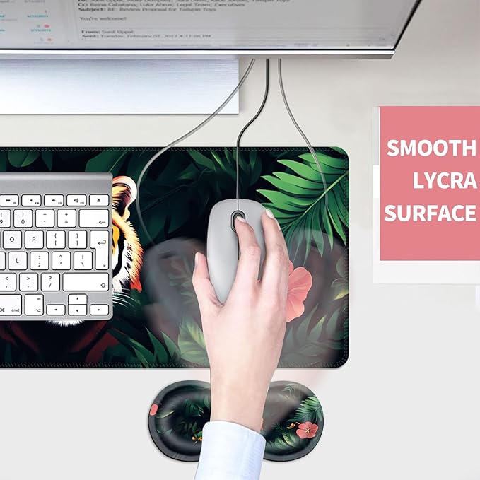 Mouse PadLarge Desk Mat Set 4in1 XL Mousepad + Keyboard Wrist Rest+Mouse Wrist Rest+Coaster with Ergonomic Desk Pad for Home Office Table Computer Cover -Tiger with Jungle Flowers