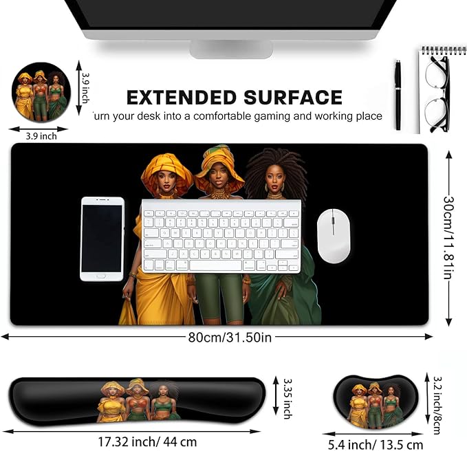 Large Gaming Mouse Pad+ Keyboard Wrist Rest Set Ergonomics Memory Foam Mouse Mat Wrist Rest Suppor Waterproof Extended Mousepad 31.5x11.8in African American Women Black Girl Desk Pad