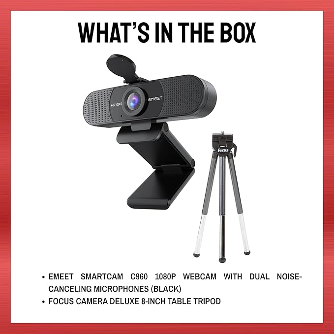 EMEET SmartCam C960 1080P Webcam with Dual Noise-Canceling Microphones (Black) Bundle with 8-Inch Table Tripod (2 Items)