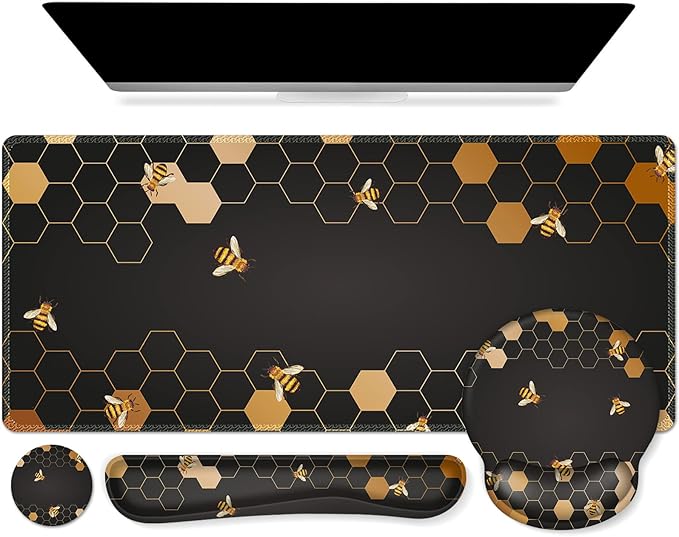 iCasso Desk Mat Gaming Mouse Pad Wrist Support Set4in1 XXL Large Mousepad + Keyboard Wrist Rest+Mouse Wrist Rest+Coaster Set with Ergonomic Design for Home Office Table Computer-Honeycomb