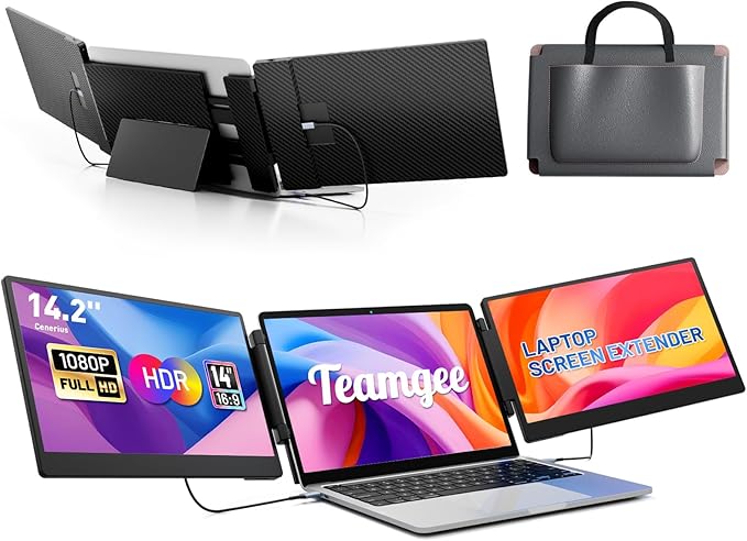 Teamgee 14.2 Laptop Screen Extender FHD 1080P IPS Portable Monitor for Laptop Triple Screen Monitor Extender Compatible with 13-17 Laptops HDMI/USB-A/C Plug-Play for Windows Mac Android
