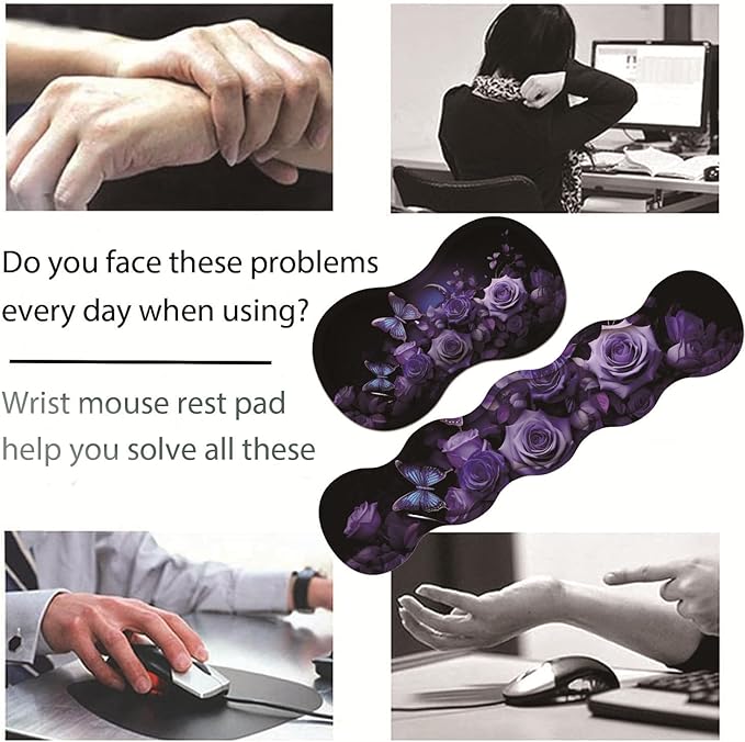 Large Gaming Table Pad 31.5 x 11.8 + Keyboard Wrist Pad + Mouse Wrist Pad + Coaster Non-Slip Base 4-in-1 Set Ergonomic Memory Foam Easy Typing Pain Relief Purple Roses and Butterflies