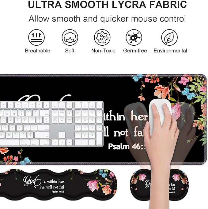 Ergonomic Keyboard Wrist Rest &amp Mouse Pad Wrist Rest SetLarge Gaming Desk Mat 31.5x 11.8 with Non-Slip BaseMemory FoamEasy Typing Pain Relief for Home &amp OfficeFloral Quote Bible Verse Ps