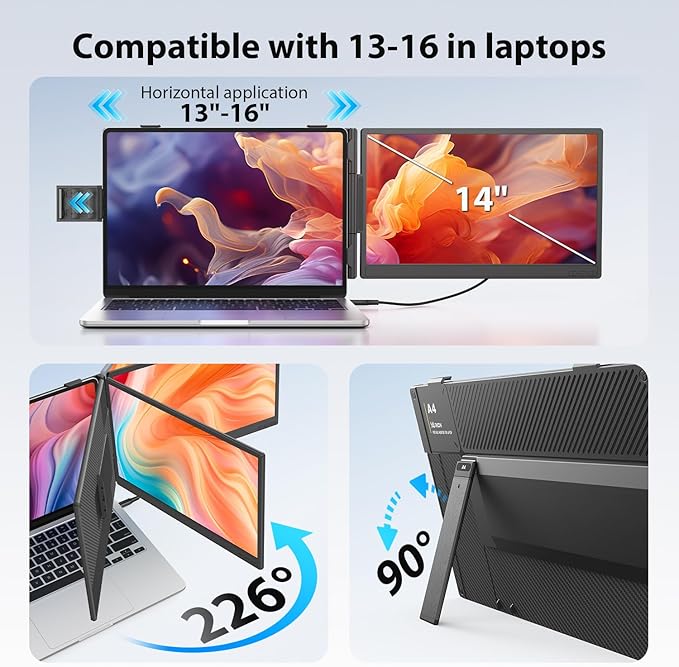 14'' Dual Laptop Screen Extender 1080P FHD Laptop Extended Monitor Portable with Speaker Plug-Play Second Monitor for 13-16'' Laptops Work with Mac Window Chrome