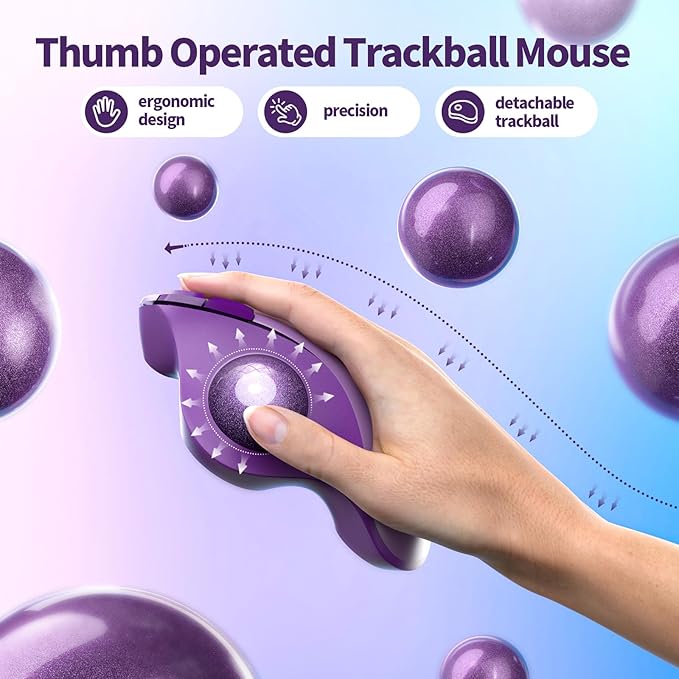 seenda Wireless Trackball Mouse Bluetooth - Ergonomic Rollerball Mouse Rechargeable 3 Device Connection Optical Mice Adjustable DPI Thumb Control Mice Compatible for Mac/Android/Windows - Purple