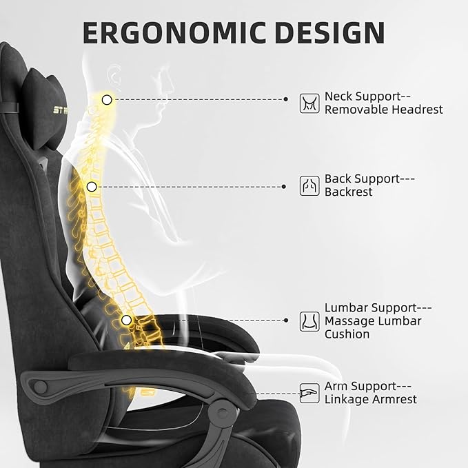 Huracan Velvet Fabric Gaming Chair with Footrest for Adults Ergonomic Gaming Chairs with Massage Lumbar Reclining Racing Computer Chair with Spring Cushion for Home Office Video Game Black