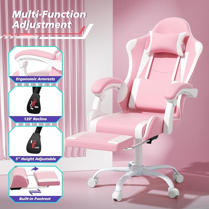 Magshion Gaming Chair Ergonomic Computer Chair with Linkage Armrests Height Adjustable Video Game Chair with Footrest and Headrest for Silla Gamer and Adults 350 Lbs Capacity Pink/White