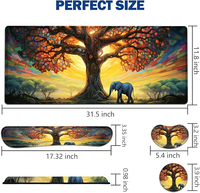 Large Mouse Pad + Keyboard Wrist Rest Set Extended Gaming Mousepad (31.5X11.8 inch) with Non-Slip Rubber Ergonomics Memory Foam Mouse Wrist Rest Support Colorful Tree of Life + Elephant Desk Pad