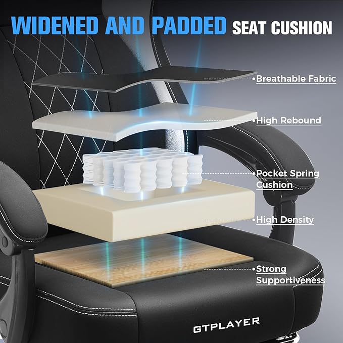 GTPLAYER Big and Tall Gaming Chair Breathable Fabric Computer Chair with Strong Lumbar Support Comfortable Office Chairs with Pocket Spring Cushion High Back Ergonomic Desk Chairs with Footrest