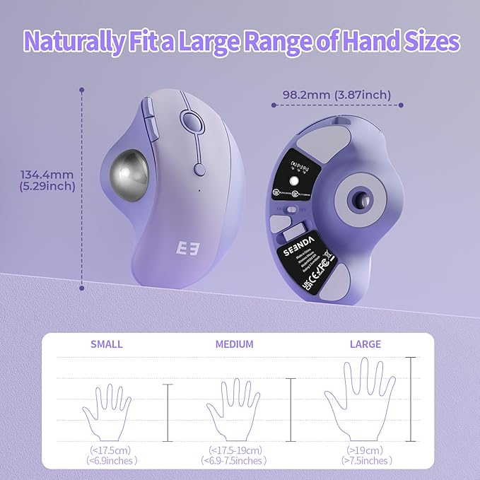 seenda Wireless Trackball Mouse Bluetooth - Ergonomic Rollerball Mouse Rechargeable 3 Device Connection Optical Mice Adjustable DPI Thumb Control Mice Compatible for Mac/Android/Windows-Light Purple