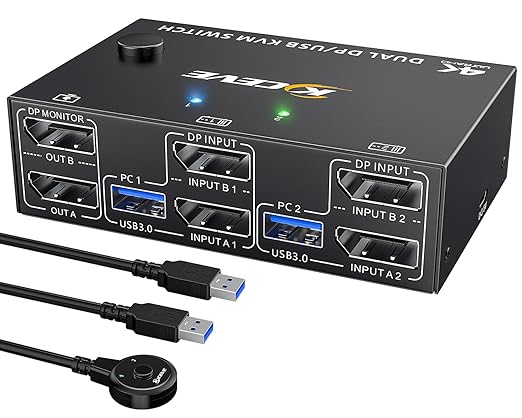 8K Displayport KVM Switch 2 Monitors 2 Computers 8K@30Hz 4K@144HzMLEEDA Dual Monitor KVM Switches with 4 USB 3.0 Ports for Keyboard Mouse USB PeripheralsWired Remote and 2 USB Cables Included