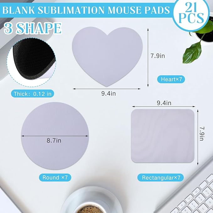 Nezyo 21 Pieces Sublimation Mouse Pad Blanks Non Slip Rubber Blank Pad Round Rectangle Heart Shaped Mouse Pad for DIY Crafts Transfer Heat Press Printing