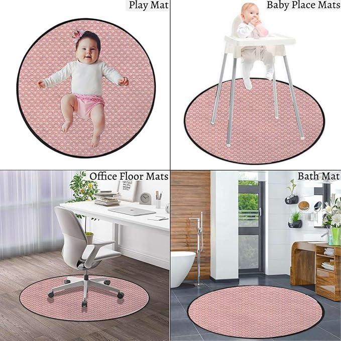 Pink Round Rug Soft Distressed Kitchen Round Area Rug Non Slip Non-Shedding Laundry Room Mat Low Pile Entry Floor Carpet Happy Animal Faces Image Diameter 35.4 in
