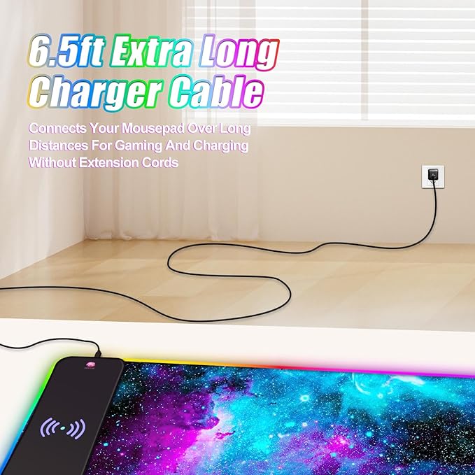 ToLuLu Wireless Charging RGB Gaming Mouse Pad 15W LED Mouse Mat with 30W Charger 14 Light Modes Large Mousepad with Wrist Support Non-Slip Rubber Base Desk Mat Computer Keyboard Pad Galaxy Nebula