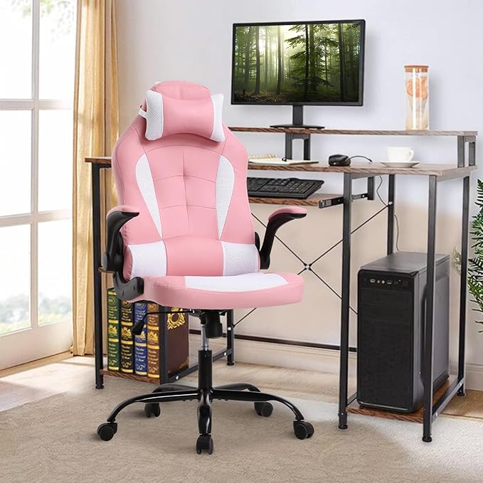 PC Gaming Chair Ergonomic Office Chair High Back Computer Chair with Lumbar Support&amp Headrest Adjustable PU Leather Desk Chair Racing Task Rolling Swivel Executive Chair for Women Pink