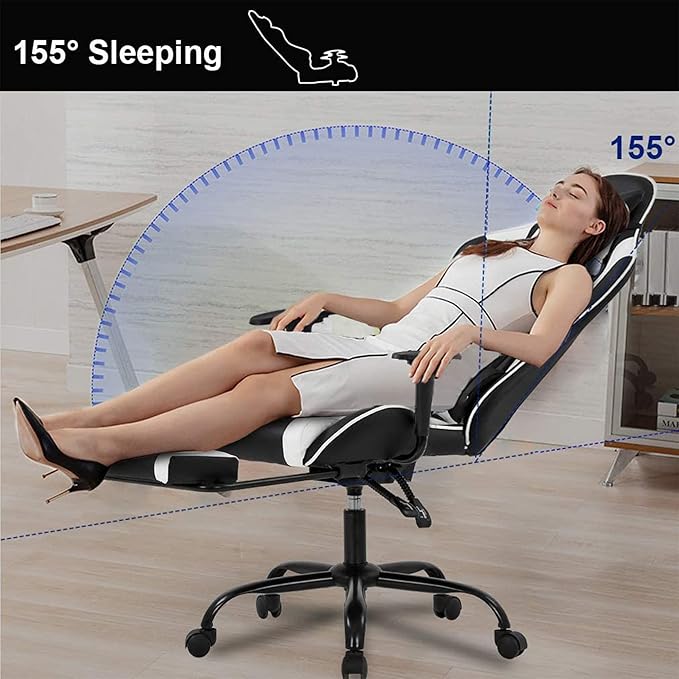 BestOffice | Ergonomic Gaming Chair | White | Reclining Computer Chair with Lumbar Support Headrest Pillow Adjustable Footrests | 360 Swivel with Heavy Duty Wheels | for Home &amp Office