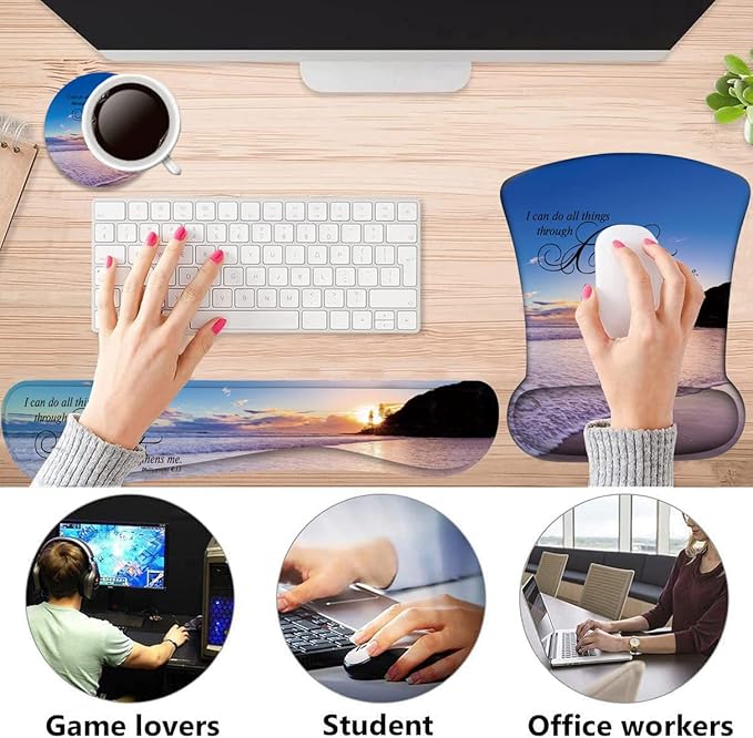 Keyboard Wrist Rest Pad + Mouse Pad Wrist Rest Support + Coaster Combo Set Ergonomic Gaming Mouse Pad for Wrist Pain Relief for Computer Laptop Home Office Beach Quoting Bible Verse Philippians 4-13