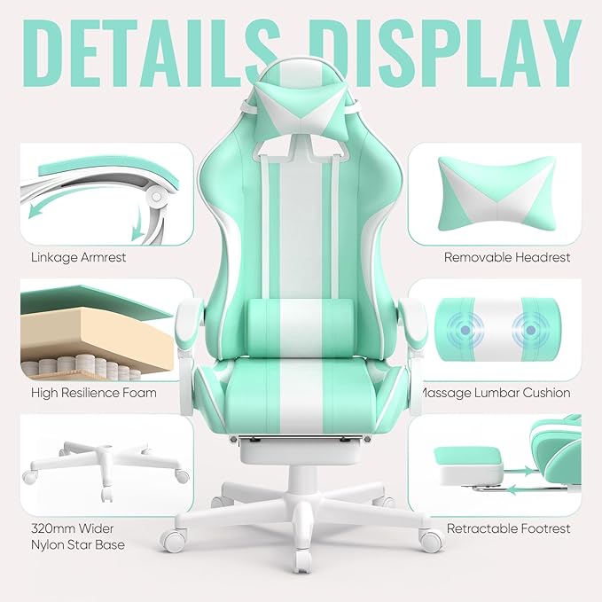 Ferghana Gaming Chairs Ergonomic Racing Style PC Game Computer Chair with Headrest Lumbar Support Adjustable Recliner PU Leather Video Computer Chair(Light Green)
